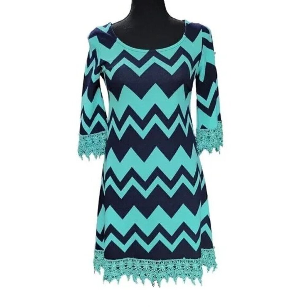 Si Style Zig Zag Bodycon Mini Dress Women’s Small Green Blue Lace Trim